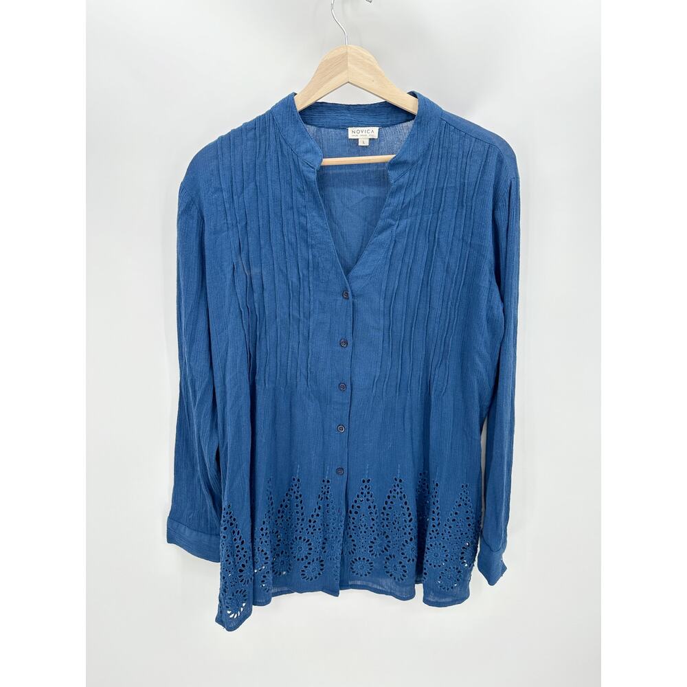 Novica Blue Cotton Embroidered Button‎ Front Tunic Top Womens Large Boho India